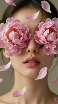 Young woman covers eyes with fresh pink peony flowers. Female face close up features delicate soft skin, falling petals. Dreamy artistic portrait shows beauty feminine style. Creative concept