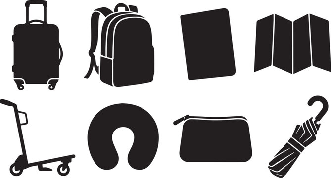 Travel accessories and luggage silhouette icon set featuring suitcase backpack passport map and neck pillow vector elements