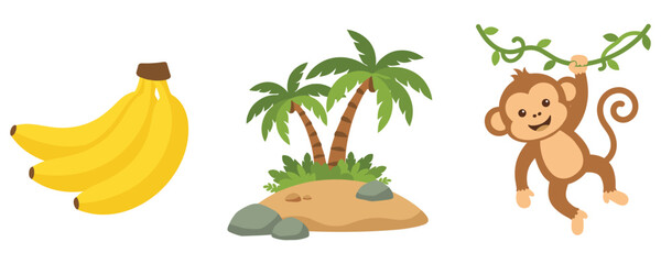 Bunch of bananas, palm trees, and monkey swinging on vine.