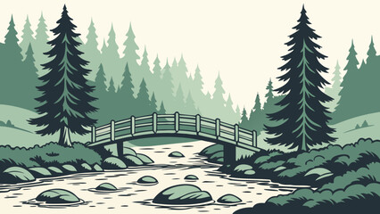 Wooden footbridge over flowing river in pine forest landscape with landscape © Golap