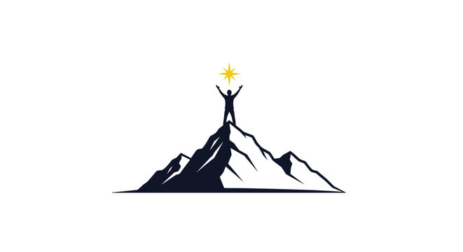 Inspiring silhouette of a mountaineer standing on a high mountain peak with raised arms under a shining star.