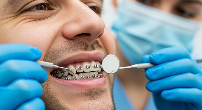 Close-up of a man smiling with metal braces on his teeth, undergoing dental examination with dentist