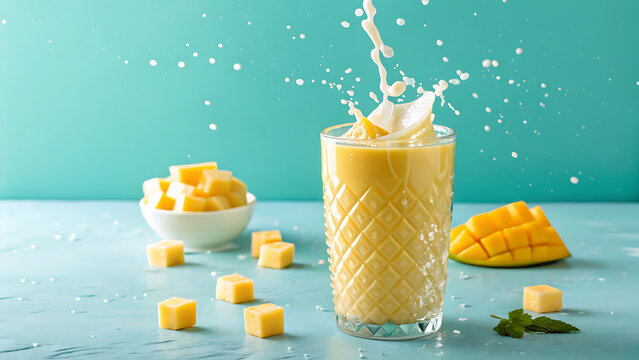 Mango lassi captured as a golden liquid vortex inside a clear geometric glass, mango cubes and yogurt droplets suspended around it, bright turquoise background