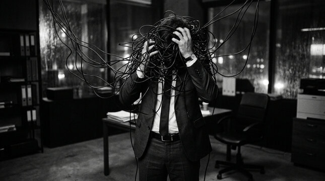 Frustrated businessman tangled in cables, office stress, technology overload, chaos