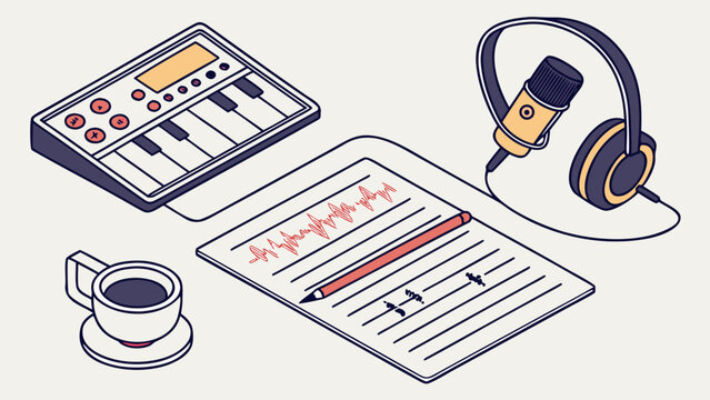 Podcasting and audio recording equipment setup illustration with podcasting