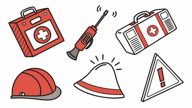 Emergency medical and safety equipment icons illustration with emergency