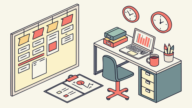 Isometric home office workspace illustration with kanban task planning board
