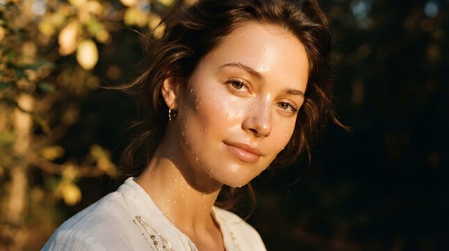 Closeup portrait of a young woman with glowing skin and water droplets