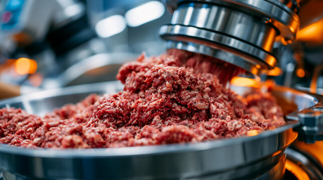 Contemporary meat processing factory with freshly minced meat transferred from a bowl cutter into an industrial sausage stuffer, smooth uninterrupted movement, mirror-like stainless steel machinery,