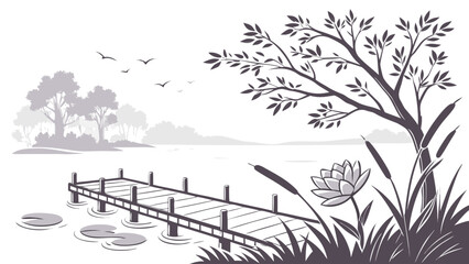 Fototapeta premium Monochromatic vector illustration of a wooden dock on a calm lake with landscape