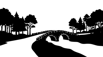 Fototapeta premium Black and White Silhouette of a Stone Arch Bridge Over a River