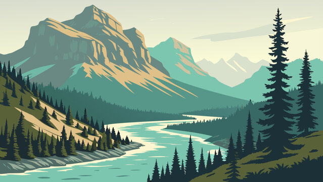 Majestic mountain peaks and winding river landscape with mountains, landscape