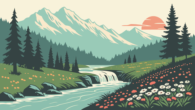 Serene mountain river valley illustration with sunset and wildflowers, landscape