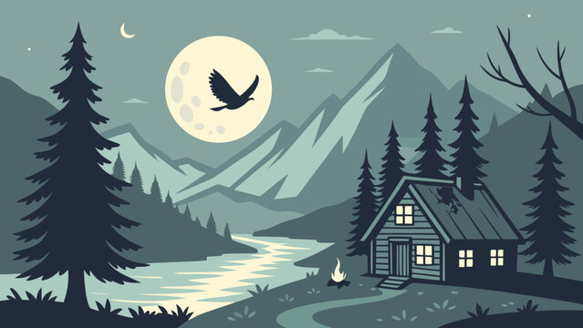Cabin in the woods mountain landscape at night with full moon and flying bird