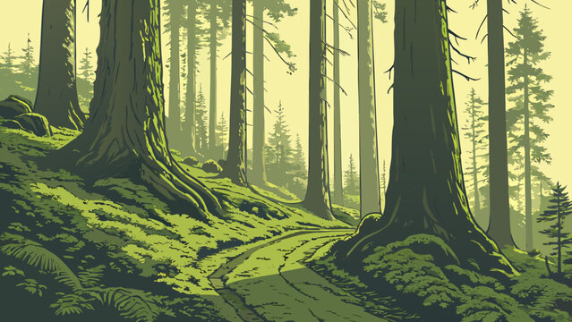 Old growth forest trail with tall trees and sunlight woodland sunlight