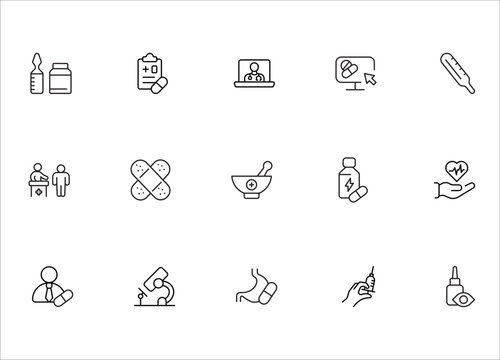 Telemedicine and Digital Health Icon Set - Online Doctor, Medical Technology, Pharmacy and Wellness Vector Line Icons Collection