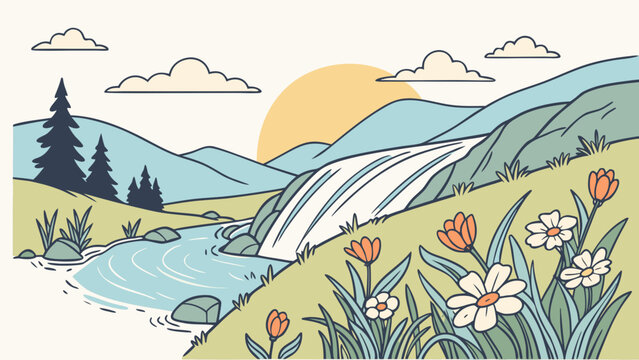 Minimalist landscape illustration of river and mountains at sunrise
