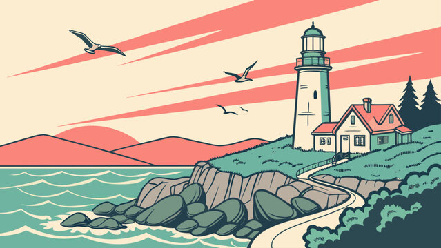 Coastal lighthouse on rocky shoreline at sunset with lighthouse, shoreline