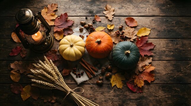 Rustic thanksgiving background with pumpkins leaves lantern autumn holiday scene