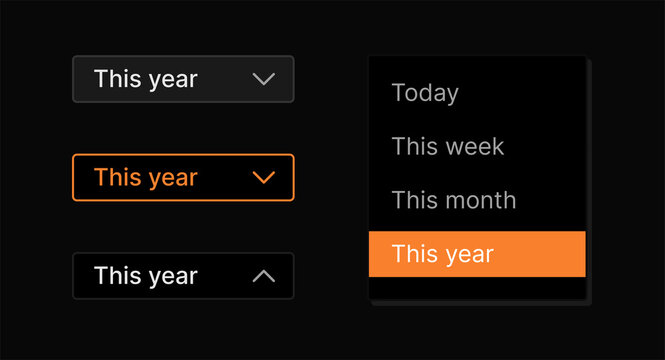 Dark mode UI dropdown menu vector component set with select box and interactive list states for modern web and application dashboards.