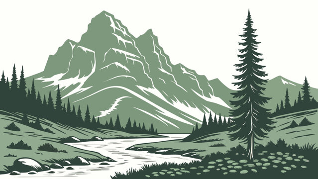 Green mountain range landscape with river and pine forest mountain landscape