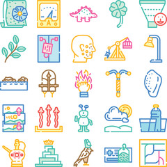 Naklejka premium Set of colorful line icons illustrating a wide range of concepts including science, nature, technology, education, medicine, history, geography, and common objects