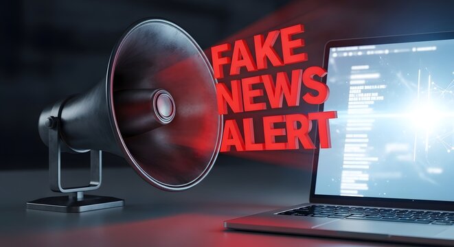 A bullhorn and laptop screen displaying FAKE NEWS ALERT for the concept of misinformation and propaganda.