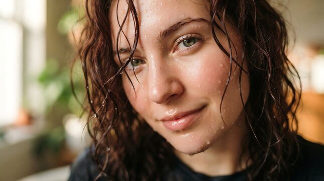 Closeup portrait of a young woman with wet hair and skin