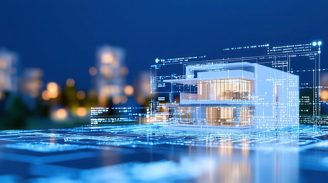Digital rendering of modern house with architectural blueprints and glowing lines, showcasing innovative design and technology