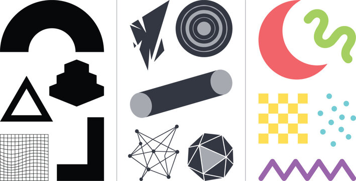 Abstract Graphic Design Asset Set Featuring Monochrome Brutalist Shapes 3D Wireframe Polygons and Colorful Retro Memphis Style Elements