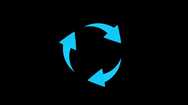 Cyan neon glowing circular arrows rotation cycle seamless loop animation on dark background