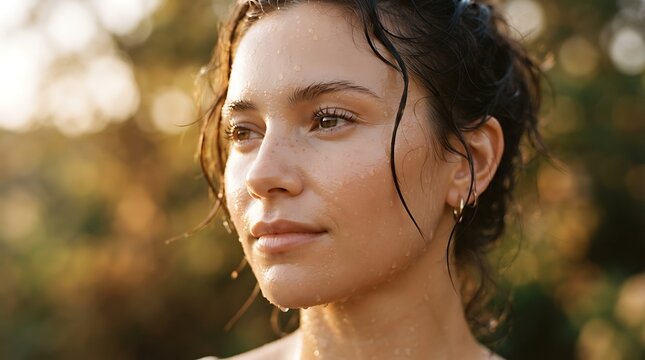 Portrait of a young woman with wet skin and natural freckles outdoors