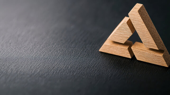 Wooden geometric shapes arranged creatively on dark surface, showcasing modern design aesthetic. composition evokes sense of balance and harmony