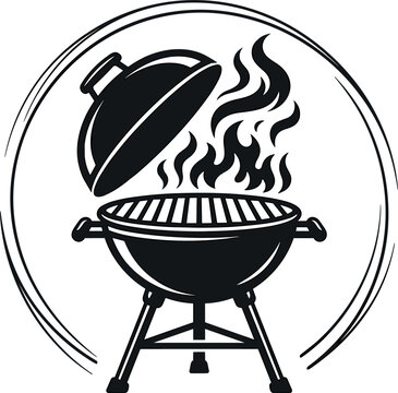 Barbecue Charcoal Grill Logo Silhouette with Hot Fire Flame for BBQ Restaurant Menu Steakhouse Party Summer Cookout and Outdoor Catering Vector Design