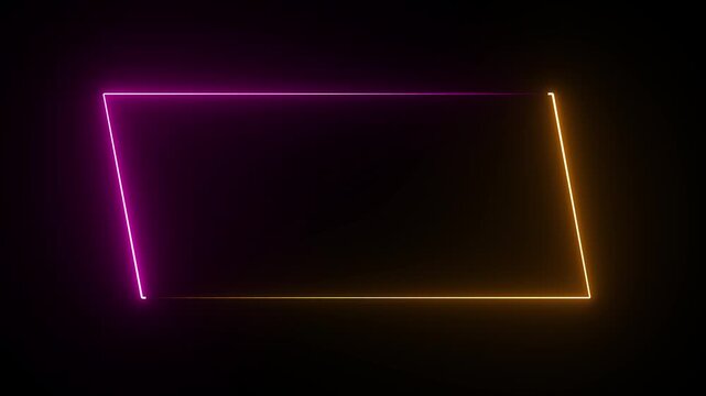 Parallelogram rectangle picture frame with two tone neon color shade motion graphic on isolated black background. Blue and pink light for overlay element. 4k video 