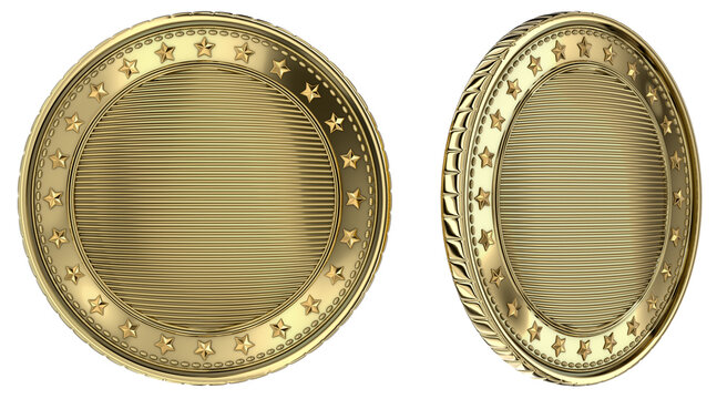 Blank gold coins with ribbed central part, concentric circles and embossed five-point stars. Gold coins mockup in two angles: front and side view. 3d illustration isolated on white