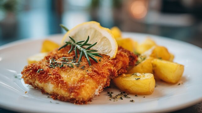 Delicious Breaded and Fried Fish with Rosemary Herbs and Lemon Served with Boiled Potatoes