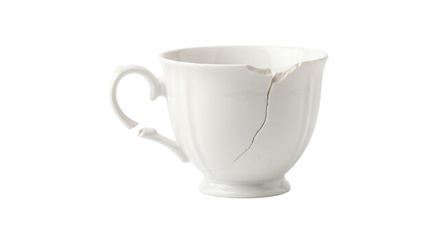 Broken white teacup with handle separated showing sharp cracks and pieces isolated on transparent background.