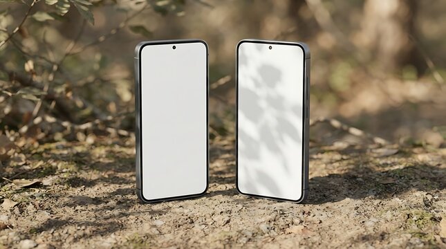 Two smartphones with blank screens standing on a forest floor