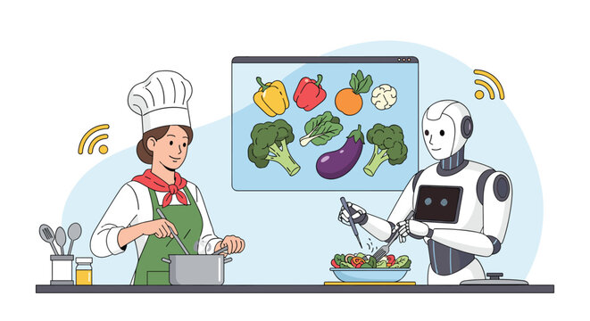 Professional chef cooking organic soup while an artificial intelligence robot prepares a fresh vegetable salad.