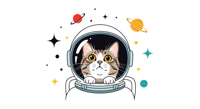 Cute domestic cat wearing a detailed astronaut spacesuit while floating in outer space surrounded by colorful planets.