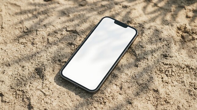 Smartphone with blank screen lying on sand with palm leaf shadows