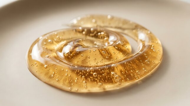 Closeup of a swirl of golden transparent cosmetic gel or honey