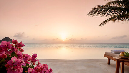 Fototapeta premium Luxury tropical infinity pool at sunset with pink flowers illustration