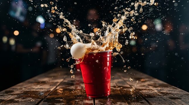 Ping pong ball splashing into a red plastic cup of beer on a wooden table