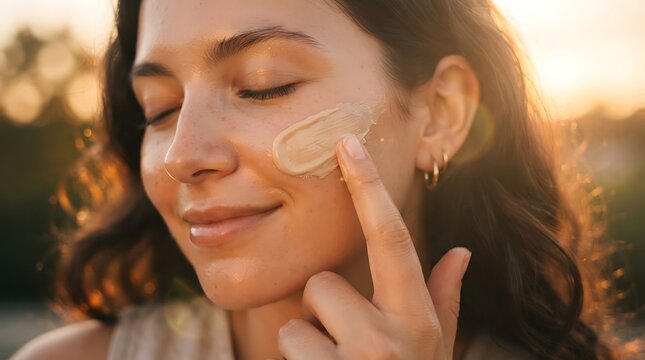 Young woman applying skincare product on her cheek at sunset