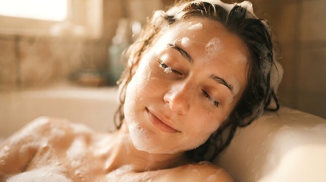 Young woman relaxing in a bubble bath with eyes closed
