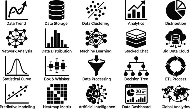 Data Science Icons with Network Analysis and Machine Learning during Global Analytics in Vector Illustration Style