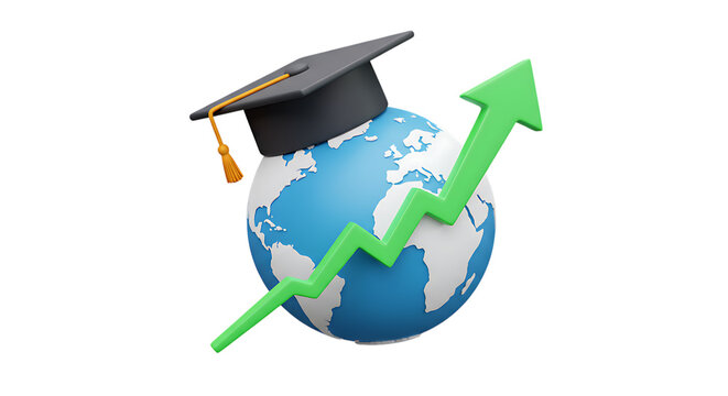 3d icon of graduation cap on earth with upward trending graph isolated on transparent background