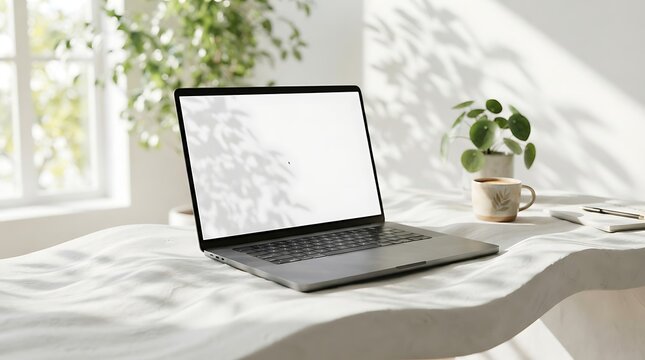 Modern laptop with blank screen on a textured table in a bright room